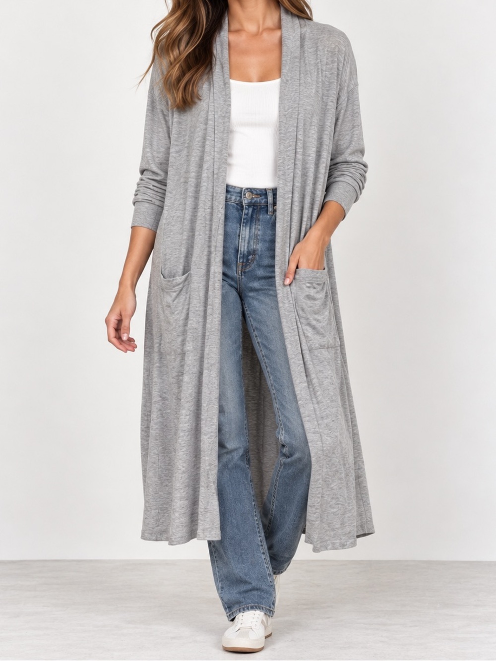Lou & Grey Longline Duster Cardigan Sweater Oversized Grey Pockets Medium